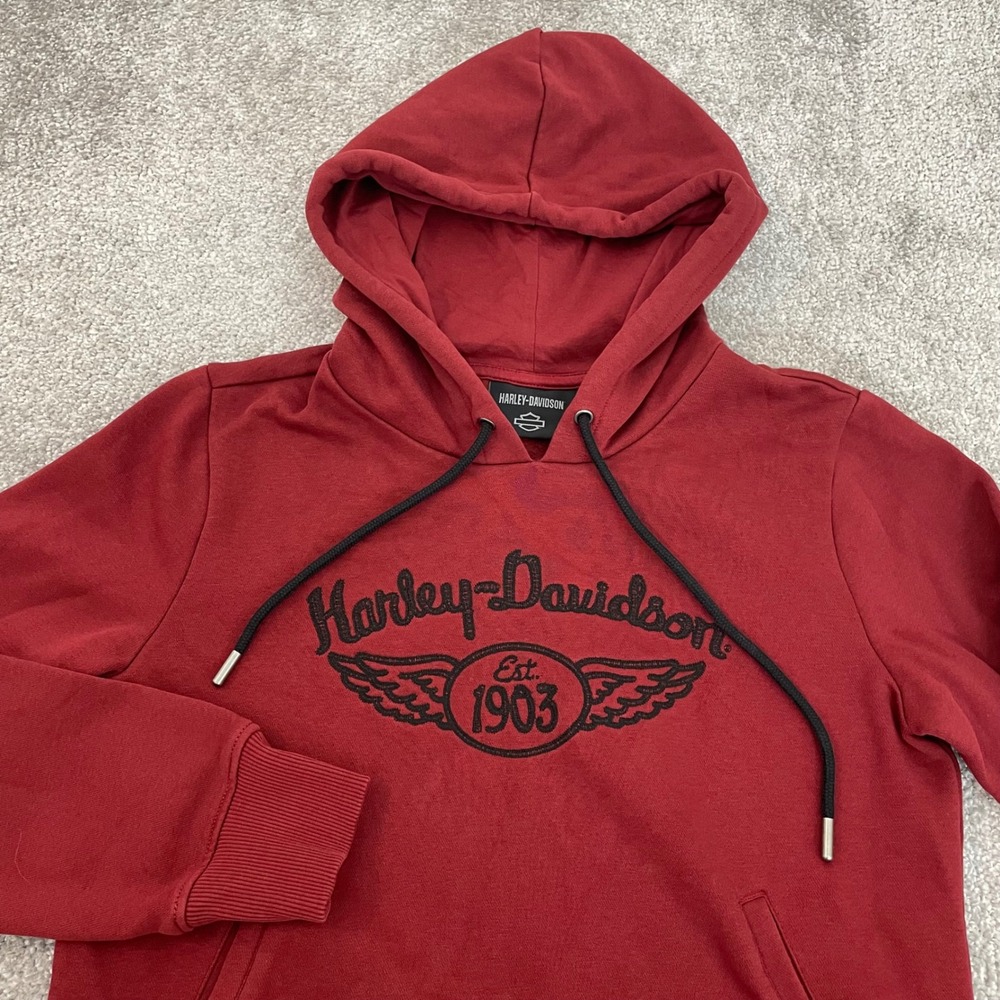 Harley Davidson Hoodie Womens Medium Biker Est 1903 Embroidered Red Fleece